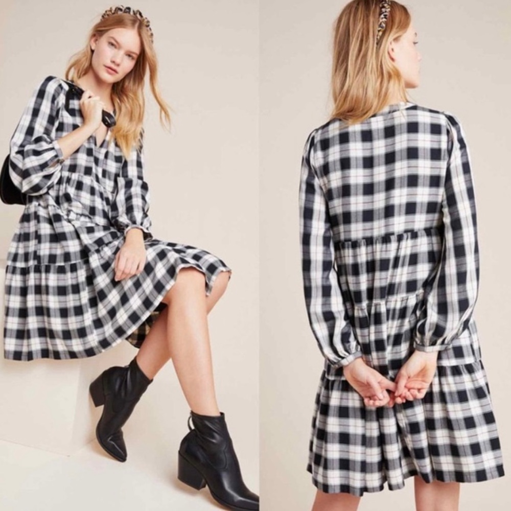 Maeve by Anthropologie Amber Plaid Tiered Tunic Mid Length Dress